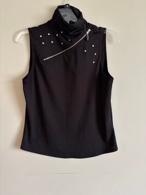 jamie sadock Black Sleeveless Mock Neck Camisole with Diagonal Zip & Studs